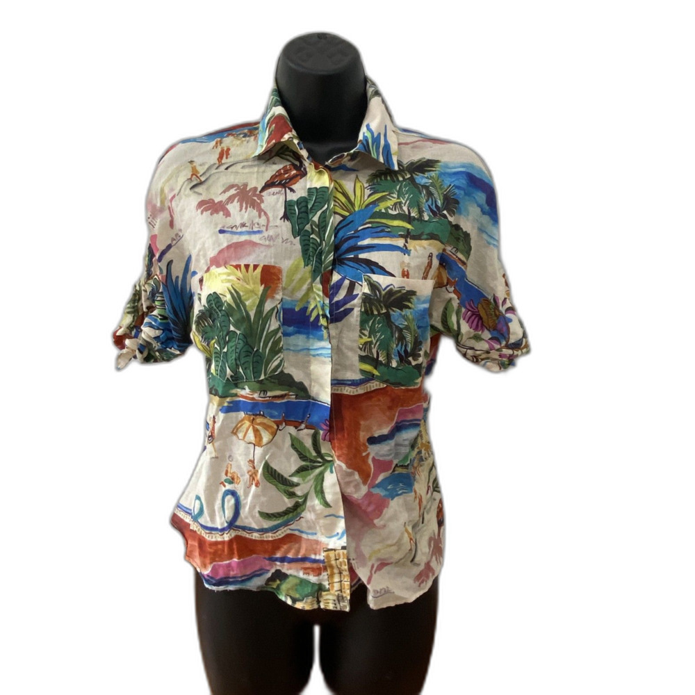 Zara Size S 100% Cotton Colorful Graphic Hawaiian Collared Polo Leaves Floral